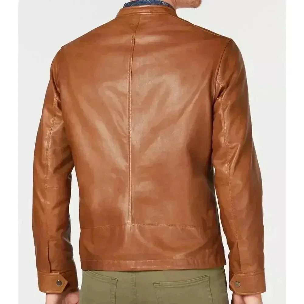 Tasso Elba Men's Brown Genuine Leather Jacket Zip Warm Winter Coat Size M - Picture 2 of 8